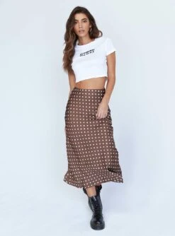 Princess Polly Tyra Polkadot Satin Midi Skirt Brown
