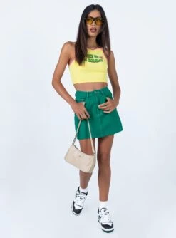 Princess Polly Aurelie Denim Mini Skirt Green -Princess Polly Shop 2 modelinfo Jess US2 7e446786 c65c 4203 beec ae2fec172540