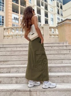 Princess Polly Ferguson Parachute Maxi Skirt Khaki -Princess Polly Shop 4 modelinfo elise us2 jpg
